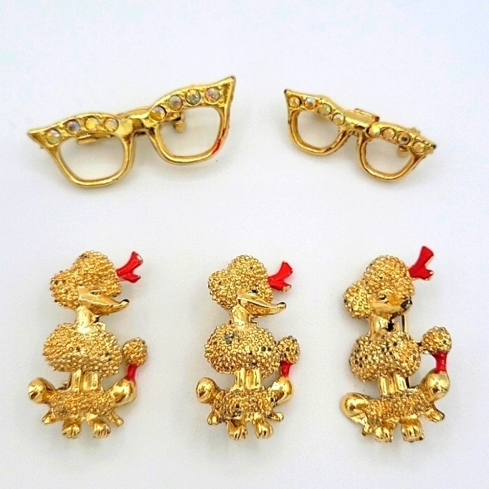 1950'S Brooches 3 Poodles 2 Cat Eye Glasses Aurora Borealis Gold Tone Vintage